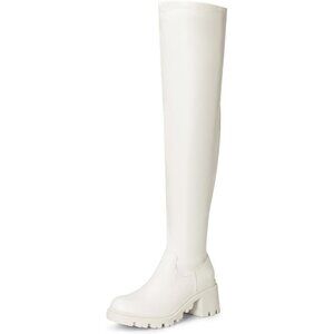 Women's White-pu Faux Leather Knee High Over The Knee High Chunky Heel Boots